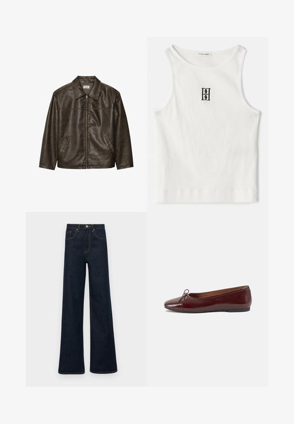 Brązowa skórzana kurtka z kołnierzem, zapinana na zamek, z dwiema bocznymi kieszeniami. Gładka tekstura z lekko postarzanym wykończeniem.; Biały prążkowany top na ramiączkach z czarnym haftowanym logo umieszczonym na środku klatki piersiowej. Dekolt i otwory na ramiona wykończone subtelnym obszywaniem.; Ciemnoniebieskie dżinsy typu wide-leg z przednimi kieszeniami, szlufkami na pasek i zapięciem na guziki.; Bordowe baleriny z lakierowanej skóry z zaokrąglonym noskiem, małą kokardką z przodu oraz niską, czarną gumową podeszwą. Gładka tekstura.