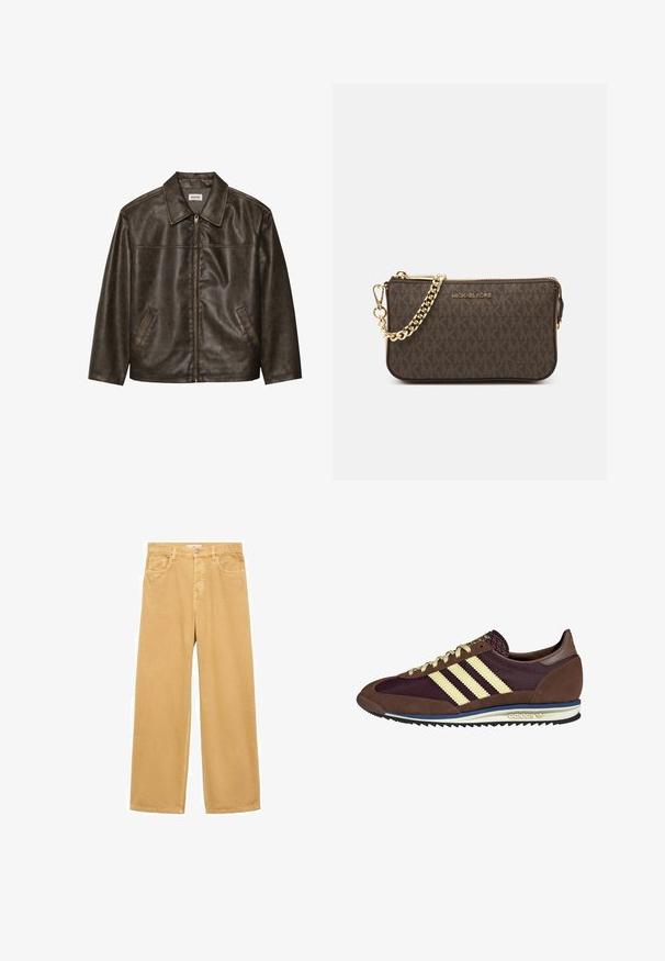 Hnedá kožená bunda s golierom, zipsom a dvoma bočnými vreckami. Hladká štruktúra s mierne opotrebovaným povrchom.; Biely rebrovaný tielko s čiernym výšivkovým logom umiestneným na hrudi. Výstrih a otvory na rukávy sú dokončené jemným lemovaním.; Široké nohavice z ľahkej bavlny v svetlohnedej farbe s vysokým pásom, prednými vreckami a jedným gombíkom na zapínanie. Hladká textúra, neformálny dizajn.; Hnedé a bordové tenisky z semišu a sieťoviny, s tromi krémovými pruhmi, textúrovanou tkaninou na jazyku a gumovou podrážkou.; Hnedá kožená crossbody taška s logom, zlatým reťazcom, zipsovým uzáverom a zlatými prvkami. Kompaktnej a obdĺžnikovej forme.