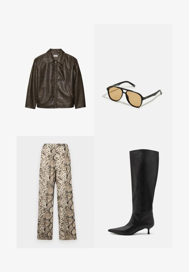 Barna bőrdzseki gallérral, cipzárral és két oldalsó zsebbel. Simaszerű textúra, enyhén kopott hatással.; Fehér bordázott ujjatlan póló, melyen a mellkas közepén egy fekete hímzett logó található. A nyakkivágás és az ujjak nyílásai finom szegéllyel vannak ellátva.; Széles szárú nadrág bézs és fekete kígyóbőr mintával. Az anyag sima, könnyű textúrájú. Gumi derékpánt.; Térdmagas fekete bőr csizmák, hegyes orral és kicsi sarokkal. Simább textúrával és minimalista dizájnnal, látható fém alkatrészek vagy díszítések nélkül.; Fekete napszemüveg barna árnyalatú lencsékkel; téglalap alakú, vastag kerettel, a szárakon diszkrét fém részletekkel.; Barna bőrtáska, két masszív fogantyúval, téglalap alakú, sima felülettel és cipzáras záródással. Minimalista dizájn, látható minták nélkül.