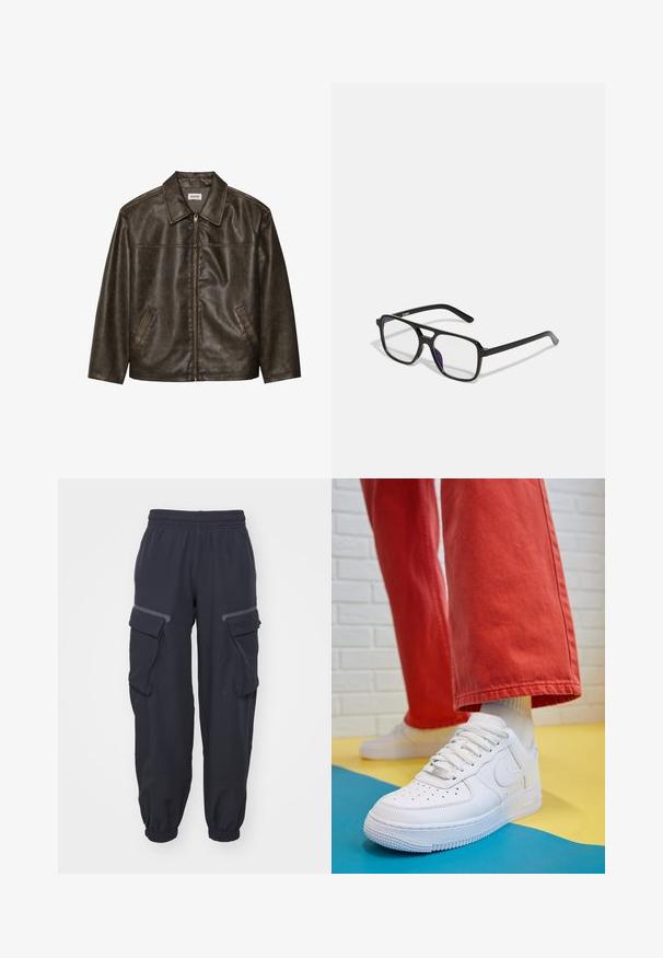 Brun lærjakke med krage, glidelås og to sidelommer. Slippende tekstur med en litt slitt finish.; Hvit ribbet tanktop med en svart brodert logo i sentrum av brystet. Uthulingen og ermhullene er avsluttet med en subtil binding.; Marine cargo bukser med elastisk talje, utstyrt med to sidelommer og elastiske mansjetter, laget av et mykt, strukturert stoff.; Hvit lær sneakers med perforert tåboks, teksturert såle og hvite snørebånd, paret med vide røde bukser og en blå og gul bakgrunn.; Sorte rektangulære briller med klare linser og en subtil lilla tone, med slanke stenger og et minimalistisk design.