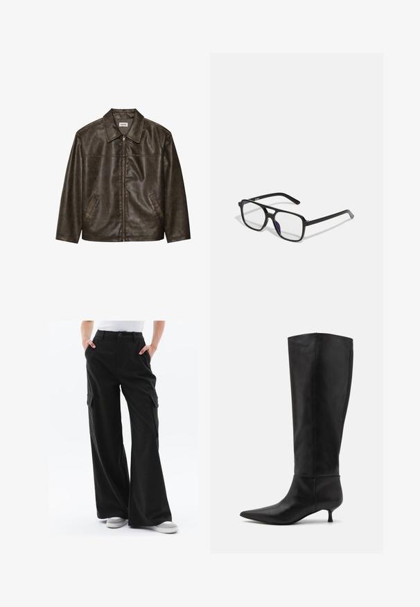 Ruskea nahkatakki, jossa on kaulus, vetoketjukiinnitys ja kaksi sivutaskua. Silkkinen pinta, jossa on hieman kulunut viimeistely.; Valkoinen ribattupinta tankkitoppi, jossa on musta brodeerattu logo keskitettynä rinnassa. Kaula-aukko ja kädentiet on viimeistelty hienolla reunanauhalla.; Lepas cargo berpotongan lebar dalam kain hijau gelap dengan poket sisi dan penutupan butang. Tekstur licin dengan potongan yang disesuaikan. Dipadankan dengan kasut sneakers kelabu.; Mustat nahkasaappaat, jotka ulottuvat polven ylle, teräväkärkiset ja kitten heel -korkoiset. Liukas pinta ja minimalistinen muotoilu ilman näkyviä varusteita tai koristeita.; Mustat suorakulmaiset glasses, joissa on kirkkaat linssit ja hienovarainen violetti sävy, joissa on tyylikkäät eläimet ja minimalistinen muotoilu.