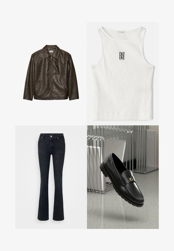 Veste en cuir marron avec un col, fermeture éclair et deux poches latérales. Texture lisse avec une finition légèrement vieillie.; Débardeur blanc à côtes avec un logo noir brodé centré sur la poitrine. L'encolure et les emmanchures sont finies avec un biais subtil.; Jeans évasés noirs en denim, à taille haute, avec une conception à cinq poches et fermeture à bouton métallique. Texture lisse, décoloration minimale.; Mocassins en cuir noir avec une couture surélevée, logo doré en accent et sangle texturée. Comportent une semelle en caoutchouc épaisse et durable.