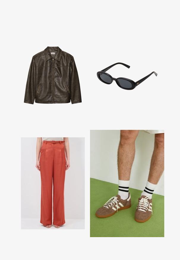 Bruine leren jas met een kraag, ritssluiting en twee zijzakken. Soepele textuur met een licht verouderde afwerking.; Witte geribde tanktop met een zwart geborduurd logo in het midden van de borst. De halslijn en armsgaten zijn afgewerkt met een subtiele bies.; Brede broekspijpen in roest-oranje stof met een gladde textuur, voorzien van een aansluitende tailleband en een bijpassende riem met metalen accenten.; Bruine suède sneakers met witte accenten en veters. Rubberen gumzool. Draag met witte sokken met zwarte strepen. Groene gestructureerde vloer.; Zwarte oversized zonnebril met ovale lenzen, een glad plastic montuur en gouden accenten op de pootjes. Donkere lenzen bieden bescherming tegen de zon.