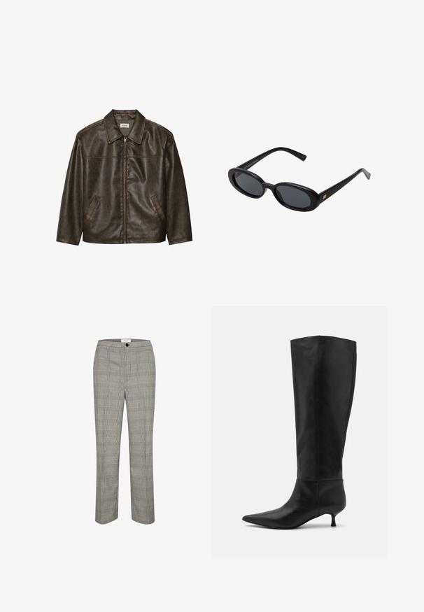 Ruda odinė striukė su apykakle, užtrauktuku ir dviem šoninėmis kišenėmis. Lygus paviršius su šiek tiek nusidėvėjusiu apdaila.; Baltas visiškai susipynęs polos marškinėliai su juodu siuvinėtu logotipu, uždedamu centre ant krūtinės. Kaklo iškirptė ir rankovių angos baigtos subtiliu apvadu.; Pilkos langų raštą turinčios kelnės su plokščiu priekiu, mygtuko uždarymu ir tiesiomis kojomis. Medžiaga yra glotni ir turi klasikinį šachmatinį raštą.; Aukščio iki kelių juodi odiniai batai su smailiu nose ir mažais kulniukais. Lygus paviršius ir minimalistinis dizainas be matomų priedų ar akcentų.; Juodos didelės saulės akinių su ovaliais objektyvais, lygia plastiko rėmeliu ir aukso akcentais ant šventyklos. Tamsūs objektyvai suteikia apsaugą nuo saulės.