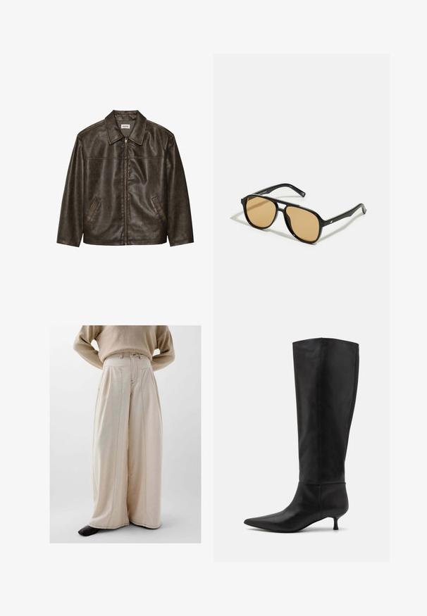 Jachetă din piele maro cu guler, închidere cu fermoar și două buzunare laterale. Textură netedă cu un finisaj ușor uzat.; Top din bumbac alb cu nervuri, având un logo brodat negru centrat pe piept. Decolteul și brațele sunt terminate cu o margine subtilă.; Pantaloni bej cu picioare largi, realizați dintr-un material texturat, având talie înaltă, pliseuri frontale și detalii vizibile de cusătură.; Botine negre din piele, până la genunchi, cu vârf ascuțit și toc kitten. Textură netedă și design minimalist, fără hardware sau accente vizibile.; Ochelari de soare negri cu lentile de culoare maro; formă rectangulară cu un cadru gros, inclusiv accente hardware subtile pe mânere.