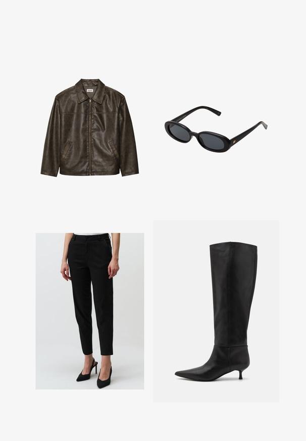 Veste en cuir marron avec un col, fermeture éclair et deux poches latérales. Texture lisse avec une finition légèrement vieillie.; Débardeur blanc à côtes avec un logo noir brodé centré sur la poitrine. L'encolure et les emmanchures sont finies avec un biais subtil.; Pantalons noirs fuselés en coton, dotés de poches avant, d'une fermeture à bouton et d'une texture lisse, associés à des escarpins noirs pointus.; Bottes en cuir noir montant jusqu'au genou avec un bout pointu et un petit talon. Texture lisse et design minimaliste sans matériel ou accents visibles.; Lunettes de soleil noires surdimensionnées avec des verres ovoïdes, monture en plastique lisse et accents dorés sur les tempes. Les verres sombres offrent une protection contre le soleil.