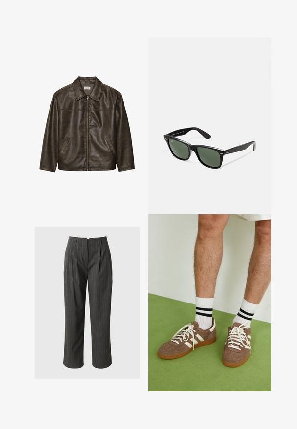 Hnedá kožená bunda s golierom, zipsom a dvoma bočnými vreckami. Hladká štruktúra s mierne opotrebovaným povrchom.; Biely rebrovaný tielko s čiernym výšivkovým logom umiestneným na hrudi. Výstrih a otvory na rukávy sú dokončené jemným lemovaním.; Šedé pruhované nohavice s úzkym strihom, skladaným predným dielom a skráteným lemom. Vyrobené z tkaniny s hladkou štruktúrou.; Hnedé zamatové tenisky s bielymi akcentmi a šnúrkami. Gumová podrážka. Nosené s bielymi ponožkami so čiernymi pruhmi. Zelená textúrovaná podlaha.; Čierne plastové slnečné okuliare so zelenými šošovkami, štvorcové rámy, strieborný akcent na obočí a textúrované ramenné opierky. Brand uvedený na vnútornej strane ramien.