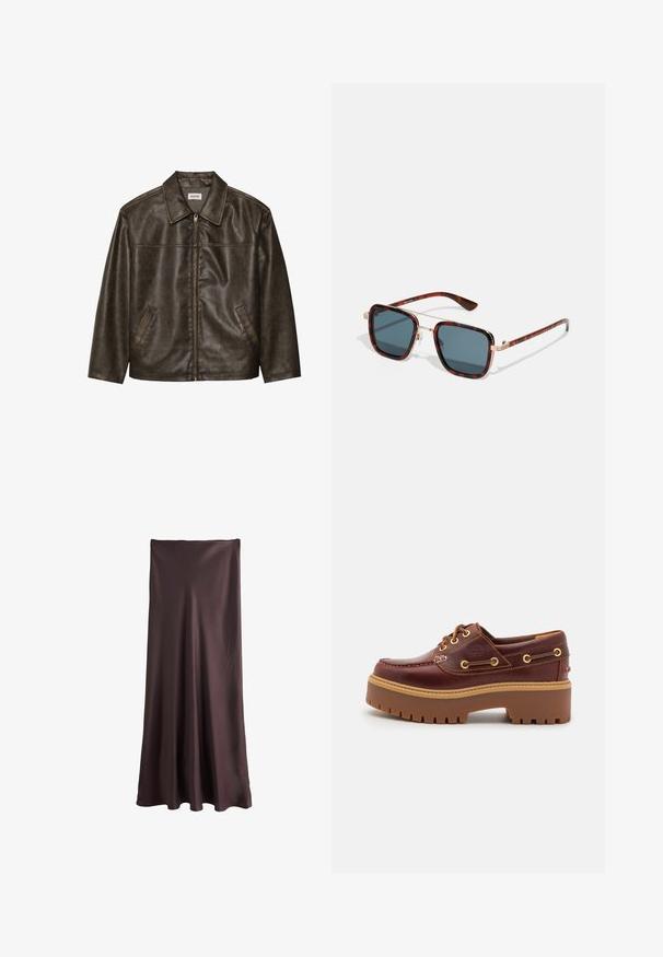 Veste en cuir marron avec un col, fermeture éclair et deux poches latérales. Texture lisse avec une finition légèrement vieillie.; Haut ajusté à manches longues en tissu marron foncé. Encolure ronde, texture lisse et manches légèrement allongées sans poignets.; Jupe brune, de longueur maximale, en tissu lisse et léger. Présente un design simple et fluide, sans motifs ni accents visibles.; Chaussure bateau en cuir marron avec une semelle en caoutchouc marron épaisse, œillets dorés et coutures contrastantes. Présente un logo sur le côté.; Lunettes de soleil en écaille de tortue avec des verres gris foncé, de forme carrée, des accents en métal doré et des branches fines avec un détail rayé distinctif.