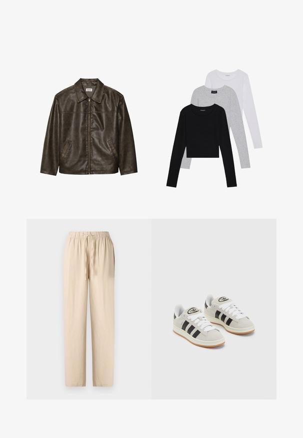 Jachetă din piele maro cu guler, închidere cu fermoar și două buzunare laterale. Textură netedă cu un finisaj ușor uzat.; Trei bluze cu mânecă lungă așezate: neagră, gri și albă. Fiecare are un guler rotund și un design scurt, realizat dintr-un material fin și ușor.; Pantaloni din in bej cu talie elastică și șnur, design cu picior drept și textură netedă. Material ușor și respirabil.; Adidași din suede gri cu șireți albi, dungi negre și talpă din cauciuc alb. Prezintă un logo circular pe limbă și o talpă din cauciuc.