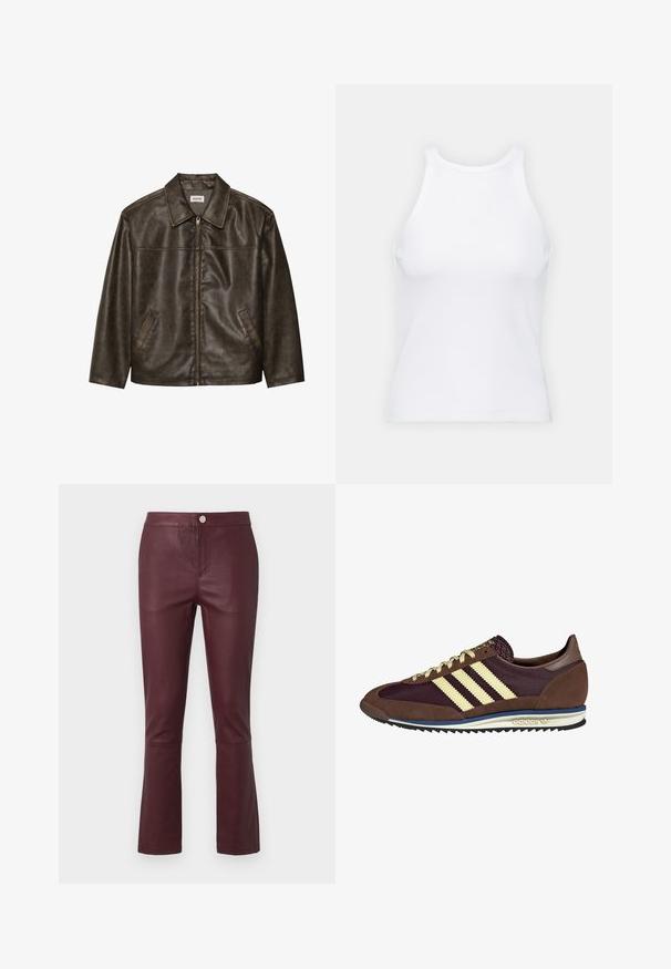 Jachetă din piele maro cu guler, închidere cu fermoar și două buzunare laterale. Textură netedă cu un finisaj ușor uzat.; Top alb fără mâneci, confecționat din material ribbed, prezentând un decolteu rotund și o siluetă ajustată, cu cusături minime și fără ornamente.; Pantaloni din piele artificială burgundy cu o croială slim, tiv evazat, buzunare frontale și închidere cu un buton metalic la talie. Textură netedă.; Sneaker maro și burgund cu materiale din suede și plasă, având trei dungi crem, țesătură texturată pe limbă și o talpă din cauciuc.