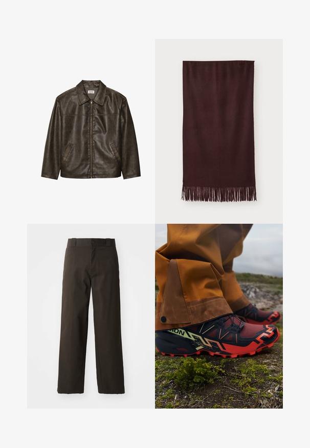 Ruskea nahkatakki, jossa on kaulus, vetoketjukiinnitys ja kaksi sivutaskua. Silkkinen pinta, jossa on hieman kulunut viimeistely.; Musta puuvillainen T-paita, jossa on pyöreä kaula-aukko, lyhyet hihat ja suora helma. Sileä rakenne; yksinkertainen, koristelematon muotoilu.; Mustat puuvillahousut suoralla lahkeella, joissa on nappisulku ja klassinen vyötärö. Sujuva rakenne, ilman kuvioita tai yksityiskohtia.; Polkujuoksukengät mustassa, punaisessa ja keltaisessa värimaailmassa. Verkkomateriaali päällä, teksturoitu pohja ja joustavat nauhat turvallista istuvuutta varten.; Burgundy huivi, joka on valmistettu pehmeästä kankaasta. Huivissa on sileä pinta ja pitkät hapsut reunoissa lisätyylin vuoksi. Suorakulmainen muoto, laskeutuu tasaisesti.