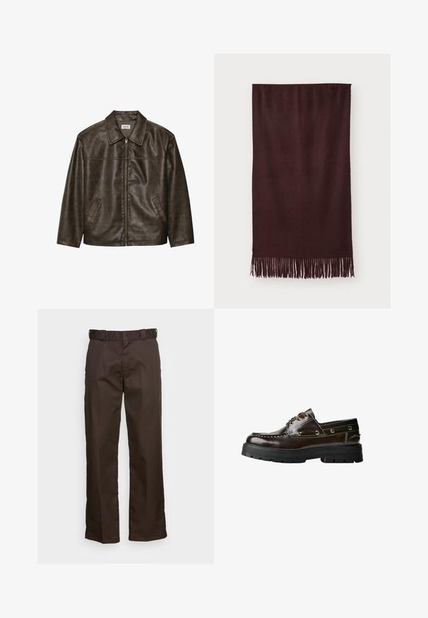 Brązowa skórzana kurtka z kołnierzem, zapinana na zamek, z dwiema bocznymi kieszeniami. Gładka tekstura z lekko postarzanym wykończeniem.; Czarna bawełniana koszulka z okrągłym dekoltem, krótkimi rękawami i prostym dołem. Gładka faktura; prosty, nieozdobiony design.; Brązowe spodnie o prostym kroju, z płaskim przodem, szlufkami na pasek i gładką fakturą. Prosty design bez wzorów czy akcentów.; Brązowe skórzane buty żeglarskie z gumową podeszwą, z detalami w postaci przeszyć, metalowymi oczkami oraz sznurowanym designem. Masywna, lekka konstrukcja.; Bordowy szalik wykonany z miękkiego materiału, o gładkiej teksturze i długich frędzlach na dole dla dodatkowego akcentu. Prostokątny kształt, układa się płasko.