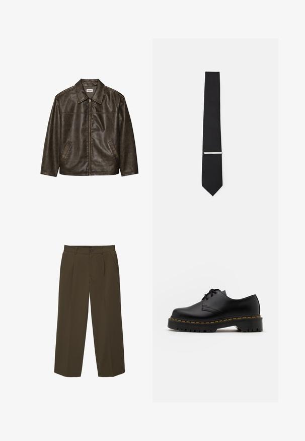 Bruine leren jas met een kraag, ritssluiting en twee zijzakken. Soepele textuur met een licht verouderde afwerking.; Zwarte katoenen T-shirt met een ronde hals, korte mouwen en een rechte zoom. Gladde textuur; eenvoudig, onafgebroken ontwerp.; Bruine, losse vouwbroek gemaakt van zachte stof met een vlakke voorkant, zijzakken en een knoopsluiting in de taille. Eenvoudig ontwerp zonder patronen.; Zwarte leren veterschoen met een ronde neus, getextureerde rubberen zool en gele stiksels rond de basis. Plat ontwerp en een gladde afwerking.; Zwarte vlinderdas van gladde stof, met een smalle breedte en een zilveren stropdasclip die het ontwerp accentueert.; Zwarte stoffen tas met een gestructureerd, gewatteerd patroon. Rondvormig, korte, dikke handvatten en een zachte, flexibele structuur.