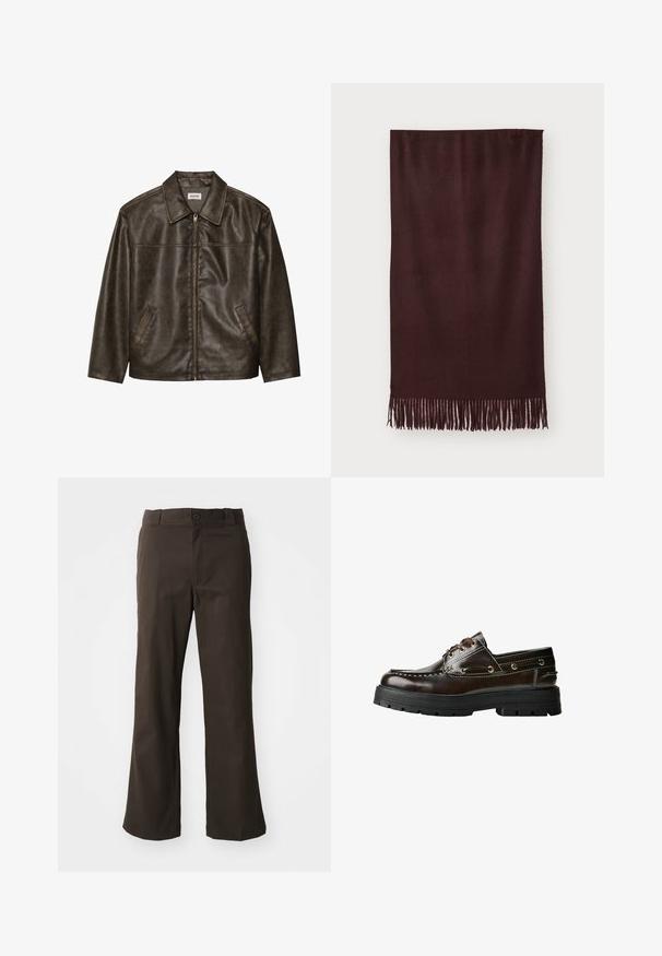 Rjav usnjeni jopič s ovratnikom, zadrgo in dvema stranskima žepoma. Gladka tekstura z rahlo obrabljenim videzom.; Črna bombažna majica s krožno odprtino, kratkimi rokavi in ravnim robom. Gladka tekstura; preprost, nezakrit dizajn.; Nošeni rjavi hlače na zvon, s gladko teksturo, z zapiranjem na gumb spredaj in žepi na straneh. Enostaven in raven dizajn.; Rjave usnjene čolnaste čevlje z gumijastim podplatom, ki imajo šive, kovinske okovje in vezalni dizajn. Debela, lahka konstrukcija.; Bordo šal iz mehkega blaga, z gladko teksturo in dolgimi resicami na robu za dodatno podrobnost. Pravokotna oblika, lepo se prilega.