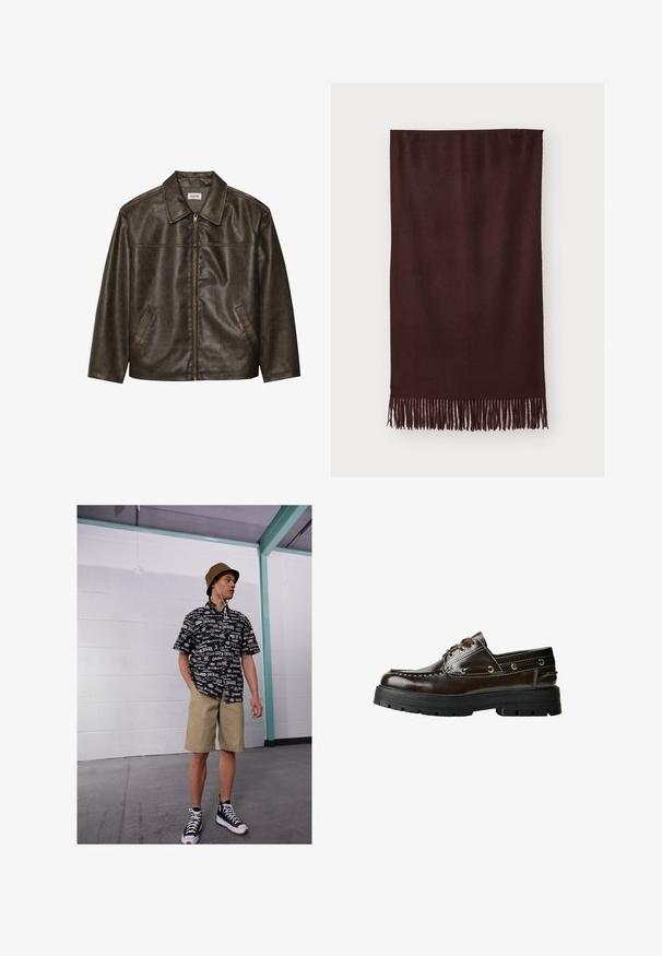 Smeđi kožni jakna s ovratnikom, zatvaranjem na patentni zatvarač i dva bočna džepa. Glatka tekstura s lagano istrošenim završetkom.; Crna pamučna majica s okruglim izrezom, kratkim rukavima i ravnim rubom. Glatka tekstura; jednostavan, neukrašen dizajn.; Crna i bijela majica kratkih rukava s uzorkom loga, kaki kratke hlače i crni visoki tenisice. Bež šešir s ravnim šiltom i kablovi vidljivi.; Smeđe kožne brodske cipele s gumiranim potplatom, s detaljima šivanja, metalnim otvorima za vezice i dizajnom na vezanje. Čvrsta, lagana konstrukcija.; Bordo šal od mekog materijala, s glatkom teksturom i dugim resicama na rubu za dodatne detalje. Pravokutnog oblika, lijepo pada.