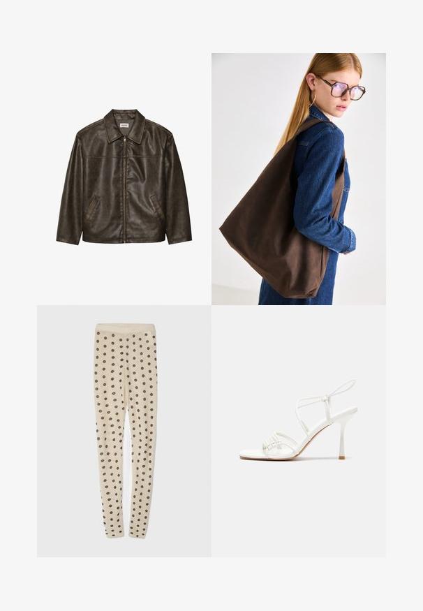 Pruun nahkjakker, millel on krae, lukuga kinnitamine ja kaks küljetaskut. Sile tekstuur, millel on kergelt kulunud välimus.; Valge ribadega tank topp õhukeste rihmadega, millel on vormiv disain ja sile tekstuur. Kangas näib elastne ja kergelt struktuurne.; Beezid leggings pehmea tekstuuriga, millel on kogu pinnal väikesed tumedad lillemustrid. Elastne vöökoht mugavaks istuvuseks.; Valge rihmadega kõrge kontsaga sandaal, millel on lamedad varbatoed, tekstuuriga esiosa kogutud detailidega ja kitsas pahkluu rihm.; Pruun nahast kott pehme tekstuuriga, millel on avar disain ja üks rihm. Kanda sinise denimapjakaga.