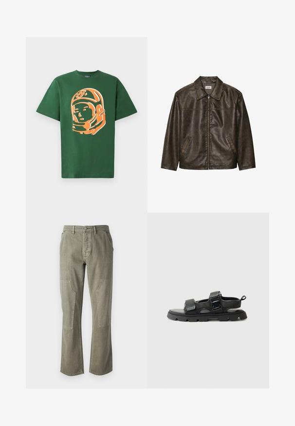 Ruda odinė striukė su apykakle, užtrauktuku ir dviem šoninėmis kišenėmis. Lygus paviršius su šiek tiek nusidėvėjusiu apdaila.; Žalias medvilninis marškinėliai su dideliu oranžiniu astronauto piešiniu priekyje, trumpomis rankovėmis ir laisvu siluetu.; Alyviniai žali kelnes, pagamintos iš medvilnės, tiesios kojų konstrukcijos, su gumbuotu akcentu ant kišenių ir kontrastingomis siūlėmis.; Juodos šlepetės su tekstūruotu audiniu, plačiomis juostelėmis, metaliniais sagties akcentais ir storu guminiais padu su griovelių raštu.