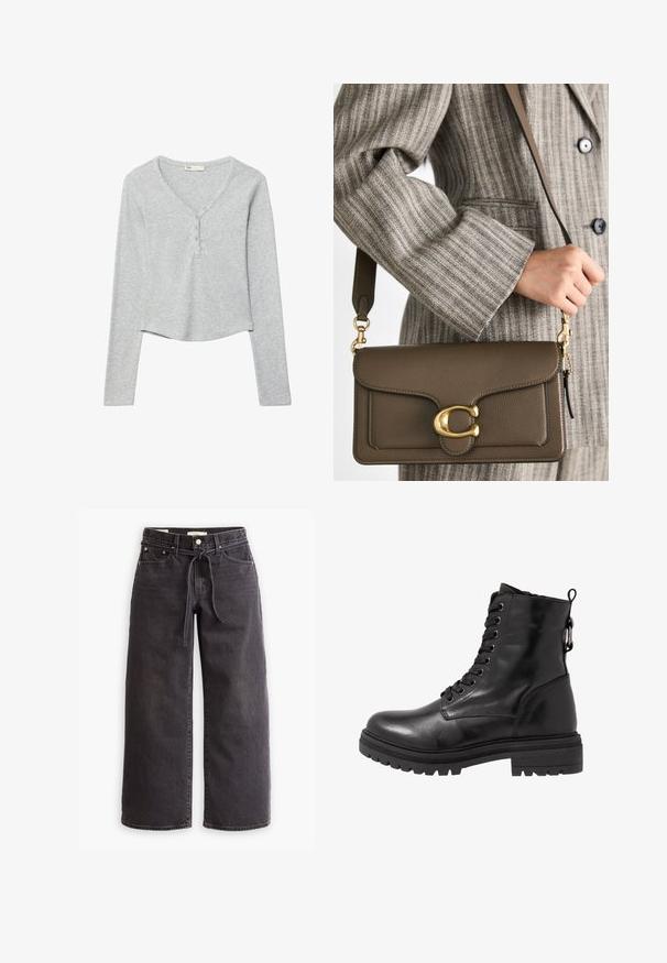 Hnedá kožená bunda s golierom, zipsom a dvoma bočnými vreckami. Hladká štruktúra s mierne opotrebovaným povrchom.; Šedý dlhý rukáv s výstrihom do V, s gombikovou légou a mierne skráteným lemom. Vyrobené z mäkkej, elastickej látky.; Čierne široké džínsy vyrobené zo denimu, s elastickým pásom na šnúrku, piatimi vreckami a kontrastným prešívaním. Rovný predný dizajn.; Čierne kožené členkové topánky s okrúhlou špičkou, šnurovaním v prednej časti a textúrovanou gumovou podrážkou. Obsahujú poutko na zadnej strane a zosilnené švy.; COACH TABBY SHOULDER BAG 26 - Kabelka - dark stone