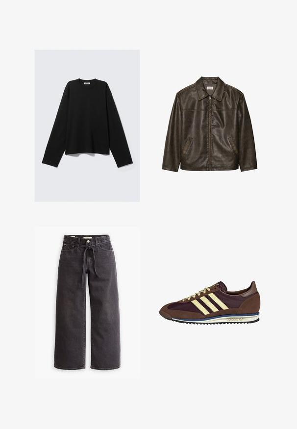 Brązowa skórzana kurtka z kołnierzem, zapinana na zamek, z dwiema bocznymi kieszeniami. Gładka tekstura z lekko postarzanym wykończeniem.; Czarna, długos częściowa bluzka z miękkiego materiału, z okrągłym dekoltem, luźnym krojem i minimalistycznym designem bez widocznych wzorów czy akcentów.; Czarne dżinsy o szerokich nogawkach, wykonane z denimu, z elastycznym paskiem na sznurki, pięcioma kieszeniami oraz kontrastowym szwem. Płaski przód.; Brązowe i burgundowe sneakersy wykonane z zamszu i siateczkowych materiałów, z trzema kremowymi paskami, teksturowanym materiałem na języku i gumową podeszwą.