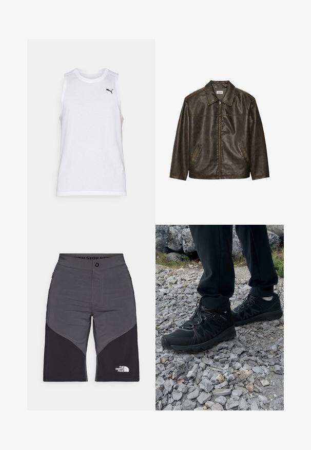 Smeđi kožni jakna s ovratnikom, zatvaranjem na patentni zatvarač i dva bočna džepa. Glatka tekstura s lagano istrošenim završetkom.; Bijela majica bez rukava od lagane tkanine, s okruglim izrezom i malim crnim logotipom na lijevoj strani prsnog područja.; Sive i crne kratke hlače s dizajnom panela, prednjim zatvaranjem na dugme i logotipom The North Face. Izrađene su od laganog, izdržljivog materijala.; Crne vanjske cipele s mrežastim i sintetičkim materijalom, s teksturiranim gornjim dijelom, osiguranim sustavom vezanja i čvrstim potplatom, na stjenovitom terenu.