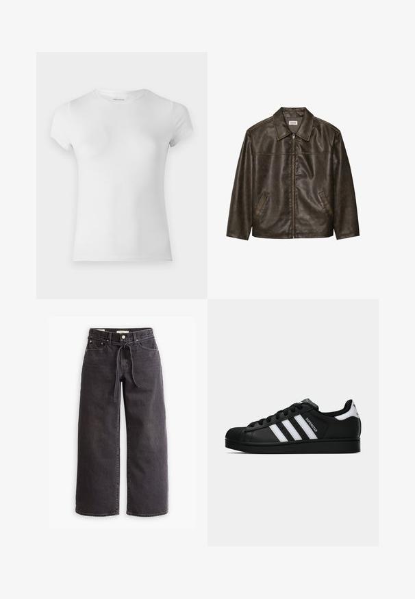Jaqueta de couro castanho com colarinho, fecho com zíper e dois bolsos laterais. Textura suave com um acabamento ligeiramente desgastado.; T-shirt branca de manga curta feita de algodão suave, com decote redondo e silhueta ajustada, apresentando detalhes de costura sutis.; Jenas largas pretas, feitas de denim, com um cordão na cintura, cinco bolsos e detalhes de costura em contraste. Design de frente plana.; Sapatilha Adidas Superstar preta com riscas brancas, biqueira em concha e texto "Superstar" na lateral, apresentada em perfil lateral sobre fundo branco.