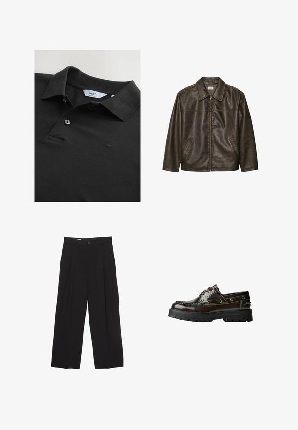 Ruskea nahkatakki, jossa on kaulus, vetoketjukiinnitys ja kaksi sivutaskua. Silkkinen pinta, jossa on hieman kulunut viimeistely.; Mustat poolopaita, joka on valmistettu teksturoituneesta kankaasta, kauluksella, kahdella napilla ja pienellä brodeeratulla kruunulogolla rinnassa. Normaalileikkoinen.; Mustat väljät housut, jotka on valmistettu sileästä kankaasta ja joissa on litteä vyötärö, etupleaatit ja yksi nappisulku.; Ruskea nahkainen venehepo, jossa on kumipohja, ompelu yksityiskohtia, metalliset rei'itykset ja nauhoitussuunnittelu. Raskas, mutta kevyt rakenne.