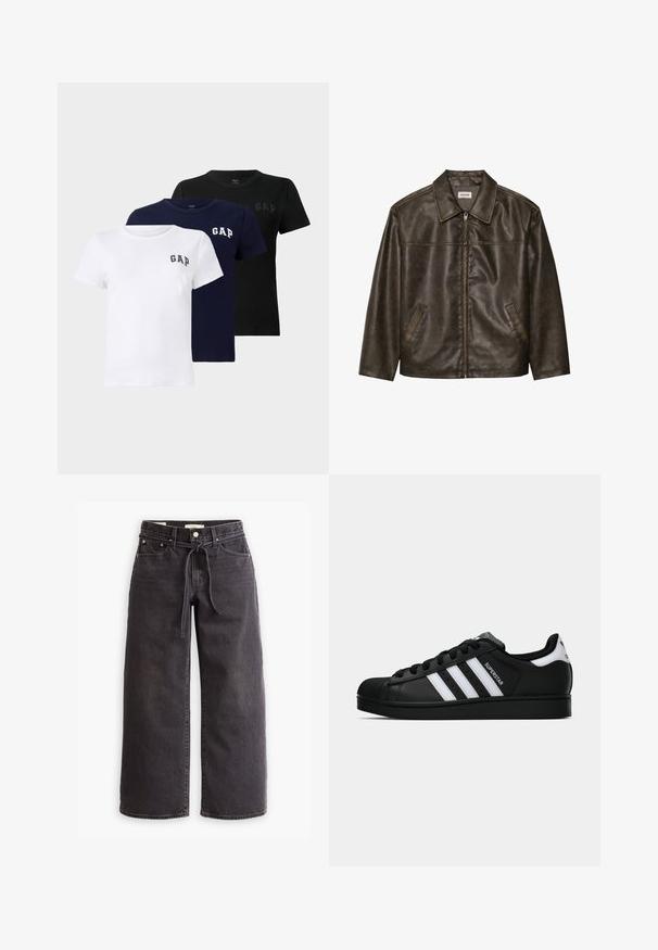 Brun læderjakke med krave, lynlås lukning og to sidelommer. Glat tekstur med en let slidt finish.; Sæt med tre kortærmede T-shirts i hvid, navy og sort. Hver har et lille "GAP"-logo på venstre bryst, lavet af blødt bomuldsstof.; Sorte vide ben jeans lavet af denim, med snørre i taljen, fem lommer og detaljer med kontrastsyninger. Flad frontdesign.; Sort Adidas Superstar sneaker med hvide striber, skaletå og "Superstar"-tekst på siden, vist i sideprofil på hvid baggrund.