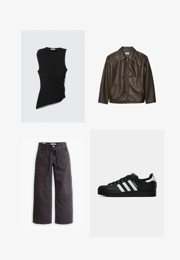 Braune Lederjacke mit Kragen, Reißverschluss und zwei Seitentaschen. Glatte Textur mit einem leicht abgenutzten Finish.; Schwarzes, ärmelloses Top mit gerafftem Seitendetail und asymmetrischem Saum. Hergestellt aus weichem, elastischem Material. Runder Ausschnitt.; Schwarze, weit geschnittene Jeans aus Denim mit einem Zugbandbund, fünf Taschen und kontrastierenden Nahtdetails. Flacher Frontschnitt.; Schwarzer Adidas Superstar Sneaker mit weißen Streifen, Schalenzehen und "Superstar"-Schriftzug an der Seite, im Seitenprofil auf weißem Hintergrund dargestellt.