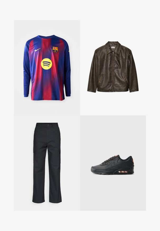 Brown leather jacket with a collar, zip closure, and two side pockets. Smooth texture with a slightly distressed finish.; Long-sleeve football jersey featuring blue and red vertical stripes, Nike logo, Barcelona crest, and a circular Spotify logo in the center.; Black cargo pants with a straight-leg design, featuring side pockets and a textured fabric. Button closure at the waist for a secure fit.; Nike Air Max 90 sneakers featuring a black synthetic upper, textured finish, lace-up front, visible air unit, and orange accent logo.