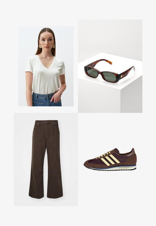 Brązowa skórzana kurtka z kołnierzem, zapinana na zamek, z dwiema bocznymi kieszeniami. Gładka tekstura z lekko postarzanym wykończeniem.; Biała koszulka z dekoltem w serek, wykonana z miękkiego materiału, z krótkimi rękawami i schludnie skrojoną sylwetką, zestawiona z niebieskimi dżinsami z wysokim stanem.; Brązowe szerokie spodnie wykonane z bawełny, z wysokim stanem, przednimi kieszeniami i gładką teksturą. Wykończenie obejmuje subtelne detale szwów.; Brązowe i burgundowe sneakersy wykonane z zamszu i siateczkowych materiałów, z trzema kremowymi paskami, teksturowanym materiałem na języku i gumową podeszwą.; Słoneczne okulary w kształcie prostokąta w kolorze żółwia z zielonymi soczewkami. Szeroka oprawka, gładkie wykończenie, złoty akcent po boku i smukłe zauszniki.