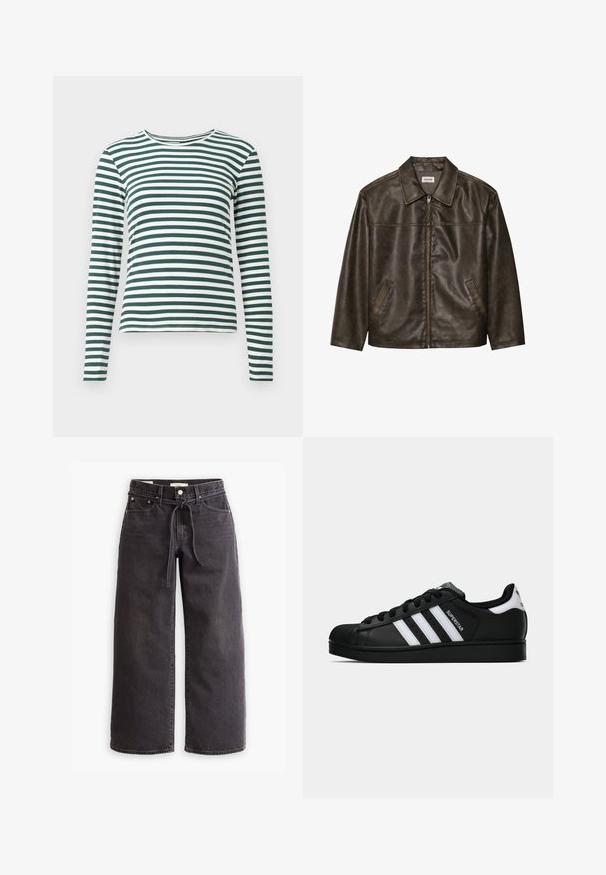 Jaqueta de couro castanho com colarinho, fecho com zíper e dois bolsos laterais. Textura suave com um acabamento ligeiramente desgastado.; Camisa de mangas longas com riscas horizontais verdes e brancas, com um decote arredondado e um silhueta ajustada.; Jenas largas pretas, feitas de denim, com um cordão na cintura, cinco bolsos e detalhes de costura em contraste. Design de frente plana.; Sapatilha Adidas Superstar preta com riscas brancas, biqueira em concha e texto "Superstar" na lateral, apresentada em perfil lateral sobre fundo branco.