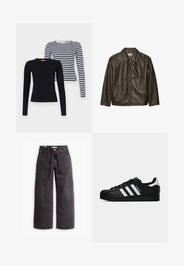 Barna bőrdzseki gallérral, cipzárral és két oldalsó zsebbel. Simaszerű textúra, enyhén kopott hatással.; Két hosszúujjú felső: az egyik egyszínű fekete, a másik fehér fekete vízszintes csíkozással. Mindkettő kerek nyakkivágású és testhezálló fazonú.; Fekete, bőszárú farmernadrág, állítható derékkal, öt zsebbel és kontrasztos varrási részletekkel. Lapos elülső dizájn.; Fekete Adidas Superstar sportcipő fehér csíkokkal, kagyló orral és "Superstar" felirattal az oldalán, oldalról bemutatva, fehér háttér előtt.