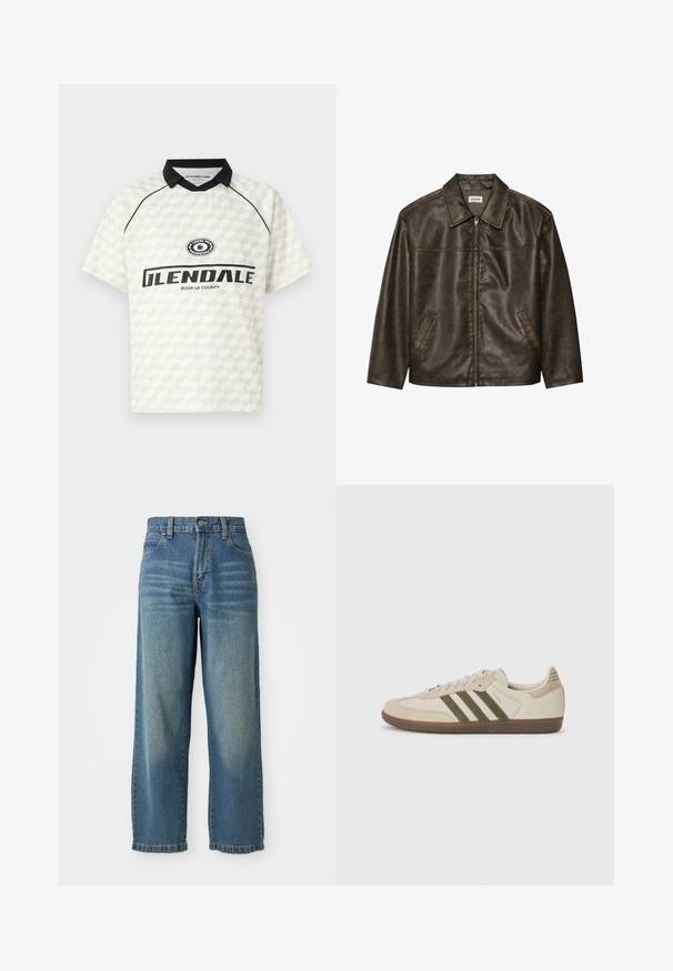 Brun læderjakke med krave, lynlås lukning og to sidelommer. Glat tekstur med en let slidt finish.; Kortærmet polo-shirt i hvid med ternet mønster. Sort krave, fremhævet med et logo og teksten "GLENDALE 91224 LA COUNTY".; Lyseblå denim bredbenede jeans med høj talje, fem lommer og en let falmet overflade. Har lynlås- og knaplukning.; adidas Originals SAMBA OG UNISEX - Sneakers - alumina/medium dark khaki/gum