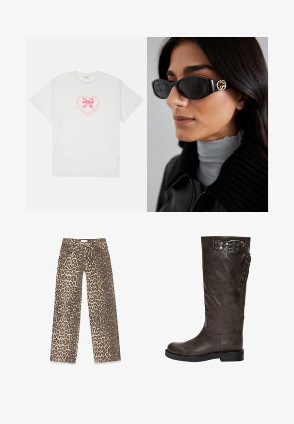 Brun læderjakke med krave, lynlås lukning og to sidelommer. Glat tekstur med en let slidt finish.; Hvid bomulds t-shirt med et pink hjerte-design, der har sløjfe- og kædedetaljer. Korte ærmer og rund halsudskæring. Blød tekstur.; Leopardskindede denimjeans med en neutral beige og brun farvepalet, lige ben-design og traditionelle lomme-detaljer.; Brune læderknæhøje støvler med en struktureret finish, der har en spændedetalje og trykknapaccents på siden, samt en flad gummisål.; Sorte solbriller med en strømlinet rektangulær ramme og en guld logoaccent på siden. Mørke linser og blank overflade er fremtrædende.; Hvid læder crossbody taske med en guldspænde, præsenterer et struktureret design, kontrasterende kanter og en tynd justerbar strop.