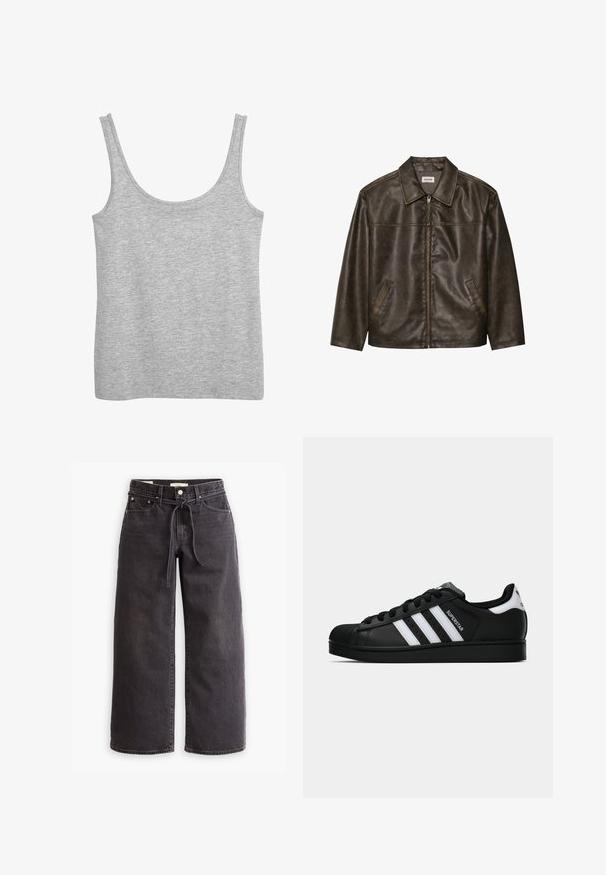 Ruskea nahkatakki, jossa on kaulus, vetoketjukiinnitys ja kaksi sivutaskua. Silkkinen pinta, jossa on hieman kulunut viimeistely.; Vägray tank top valmistettu pehmeästä puuvillamateriaalista, jossa on leveät olkaimet ja pyöreä kaula-aukko. Liukas pinta ja ei näkyviä kuvioita.; Mustat leveälahkeiset farkut, jotka on valmistettu denimistä, varustettu nyöri vyötäröllä, viidellä taskulla ja kontrastiväreillä koristelluilla saumoilla. Tasainen etuosa.; Musta Adidas Superstar -lenkkari, jossa on valkoiset raidat, kuorisuoja ja "Superstar"-teksti sivussa, esitetty sivuprofiilissa valkoista taustaa vasten.