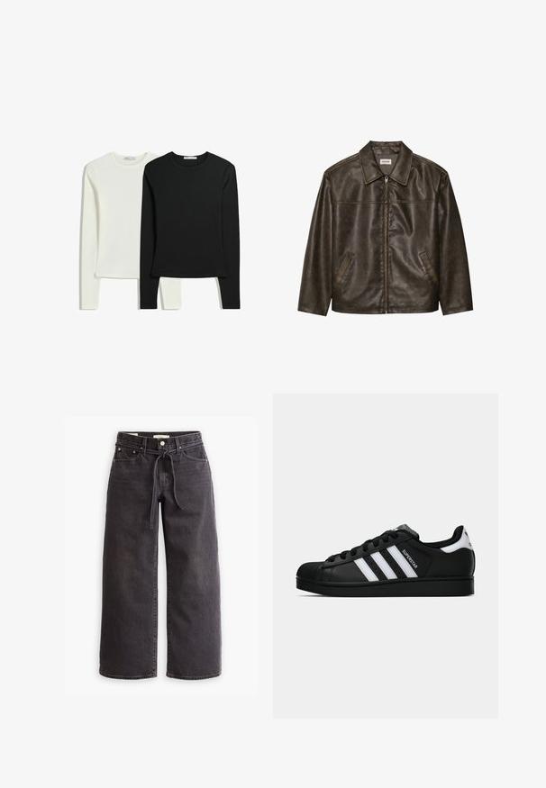 Smeđi kožni jakna s ovratnikom, zatvaranjem na patentni zatvarač i dva bočna džepa. Glatka tekstura s lagano istrošenim završetkom.; Dva majice dugih rukava: jedna bijela i jedna crna. Izrađene su od glatkog materijala, s okruglim izrezima i prilagođenim krojem s ravnim rubovima.; Crne široke traperice izrađene od denima, s elastičnim pojasom na vezanje, pet džepova i detaljima kontrastnog šivanja. Dizajn s ravnim prednjim dijelom.; Crne Adidas Superstar tenisice s bijelim prugama, konusom na vrhu i natpisom "Superstar" sa strane, prikazane u bočnom profilu na bijeloj pozadini.