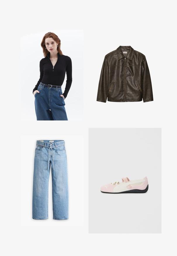 Brązowa skórzana kurtka z kołnierzem, zapinana na zamek, z dwiema bocznymi kieszeniami. Gładka tekstura z lekko postarzanym wykończeniem.; Czarna rozpinana bluzka z długim rękawem w połączeniu z jasnoniebieskimi dżinsami o wysokim stanie. Stylizacja zawiera czarny pasek z srebrną klamrą.; Jasnoniebieskie dżinsy w szerokim kroju z wysokim stanem, z zapięciem na guziki i zamek oraz sznurkiem w talii. Zakończenie w surowym wykończeniu.; Różowe zamszowe buty wsuwane z białymi akcentami, gumową podeszwą i elastycznymi paskami. Posiadają teksturowany wzór oraz małe logo z przodu.