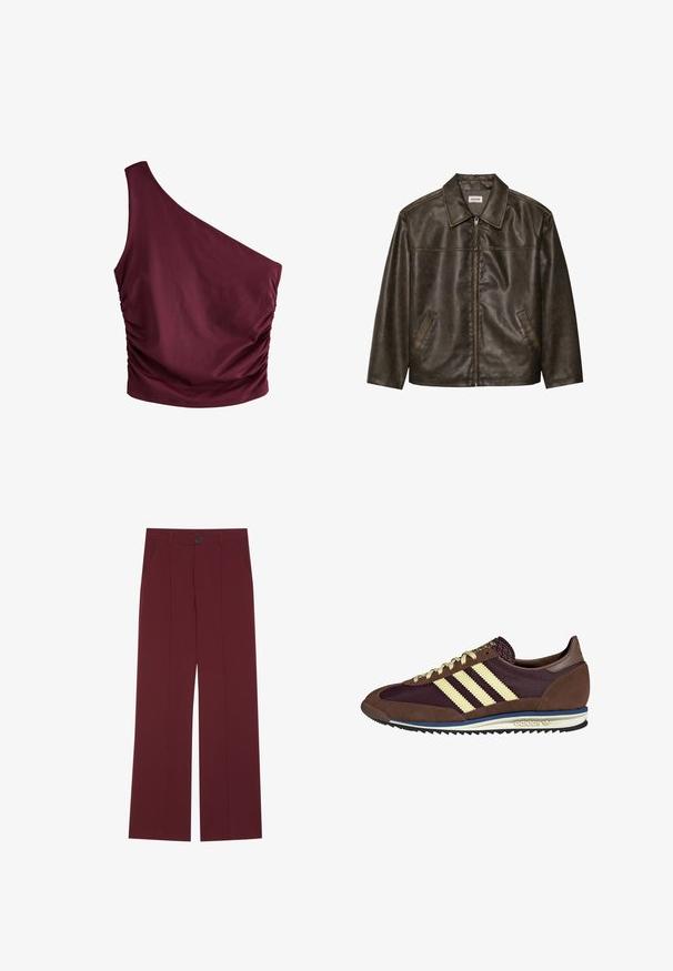 Brūna ādas jakas ar apkakli, ar rāvējslēdzēja aizdari un divām sānu kabatām. Gluda tekstūra ar viegli nodilušu finišu.; Burgundijas viena pleca tops ar sasietas puses detaļu. Izgatavots no gludas auduma, ar pieguļošu formu un minimālistisku dizainu.; Bordo bikses ar plašu kāju dizainu, kurām ir pogu aizdare, divas sānu kabatas un krokotas priekšpuses detaļas. Gluda auduma tekstūra.; Brūni un bordo sporta apavi ar zamšādām un sieta materiāliem, ar trim krēmkrāsas svītrām, teksturētu audumu uz mēles un gumijas zoli.