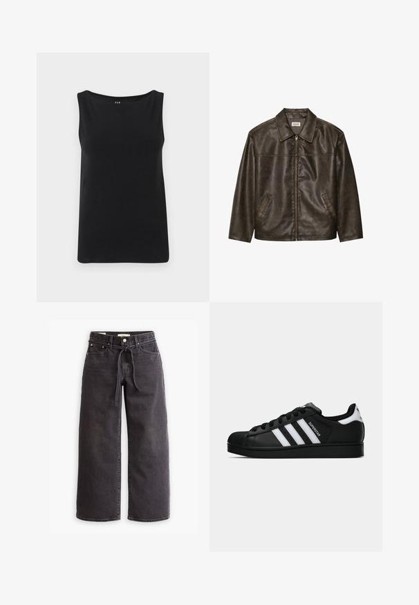 Brown leather jacket with a collar, zip closure, and two side pockets. Smooth texture with a slightly distressed finish.; Black sleeveless top made of soft fabric. Features a wide neckline and straight hem. Simple design without additional patterns or embellishments.; Black wide-leg jeans made of denim, featuring a drawstring waist, five pockets, and contrast stitching details. Flat-front design.; Black Adidas Superstar sneaker with white stripes, shell toe, and "Superstar" text on side, shown in side profile on white background.