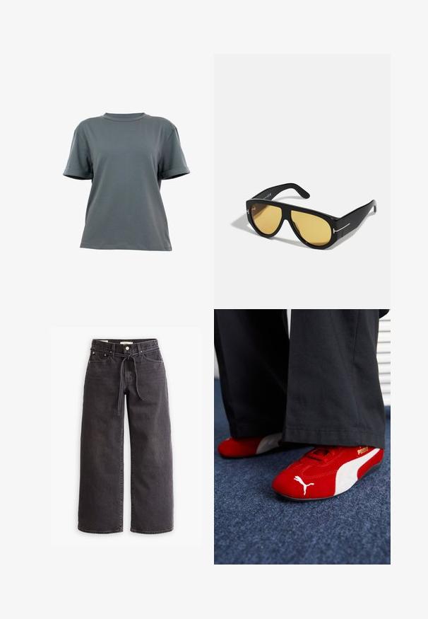 Brązowa skórzana kurtka z kołnierzem, zapinana na zamek, z dwiema bocznymi kieszeniami. Gładka tekstura z lekko postarzanym wykończeniem.; Szara bawełniana koszulka ma okrągły dekolt, krótkie rękawy z podwiniętymi mankietami oraz luźny krój. Gładka tekstura bez widocznych wzorów.; Czarne dżinsy o szerokich nogawkach, wykonane z denimu, z elastycznym paskiem na sznurki, pięcioma kieszeniami oraz kontrastowym szwem. Płaski przód.; Czerwone zamszowe sneakersy z białymi akcentami, z teksturowanym materiałem, okrągłym noskiem i złotym logo z boku, noszone z czarnymi spodniami.; Czarne okulary przeciwsłoneczne z geometrycznym wzorem, żółtymi soczewkami i złotymi akcentami na zausznikach. Gładka tekstura, szeroki kształt, nowoczesny design.