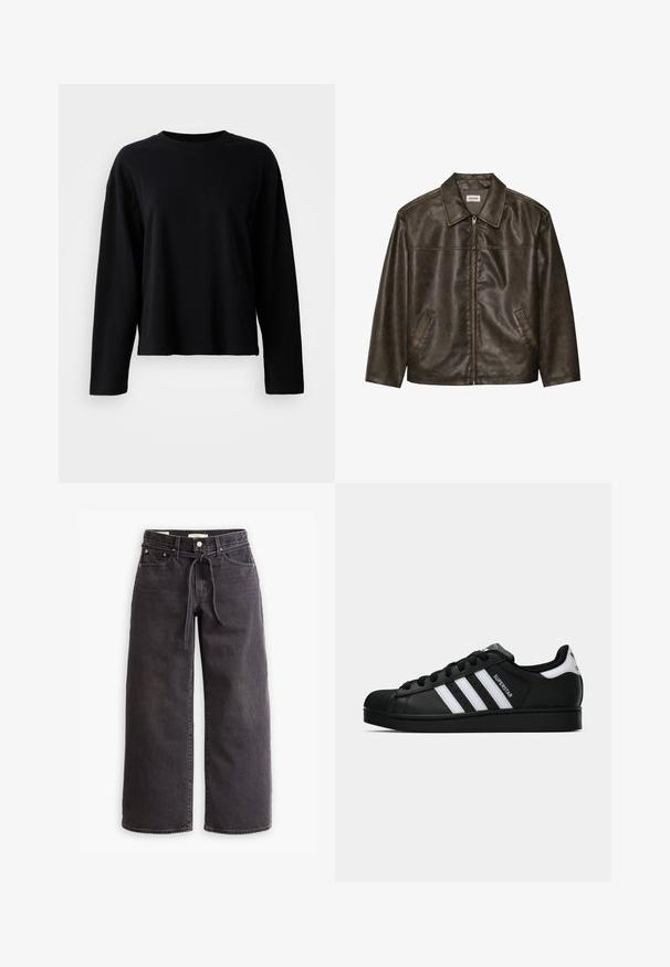 Braune Lederjacke mit Kragen, Reißverschluss und zwei Seitentaschen. Glatte Textur mit einem leicht abgenutzten Finish.; Schwarzes Langarm-T-Shirt aus einem weichen, leichten Stoff mit Rundhalsausschnitt und lockerer Passform sowie minimalen Nähten.; Schwarze, weit geschnittene Jeans aus Denim mit einem Zugbandbund, fünf Taschen und kontrastierenden Nahtdetails. Flacher Frontschnitt.; Schwarzer Adidas Superstar Sneaker mit weißen Streifen, Schalenzehen und "Superstar"-Schriftzug an der Seite, im Seitenprofil auf weißem Hintergrund dargestellt.