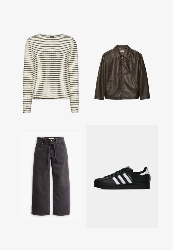 Barna bőrdzseki gallérral, cipzárral és két oldalsó zsebbel. Simaszerű textúra, enyhén kopott hatással.; Hosszú ujjú felső textúrált krém színű anyagból, keskeny fekete vízszintes csíkokkal, kerek nyakkivágással és egyenes aljjal.; Fekete, bőszárú farmernadrág, állítható derékkal, öt zsebbel és kontrasztos varrási részletekkel. Lapos elülső dizájn.; Fekete Adidas Superstar sportcipő fehér csíkokkal, kagyló orral és "Superstar" felirattal az oldalán, oldalról bemutatva, fehér háttér előtt.