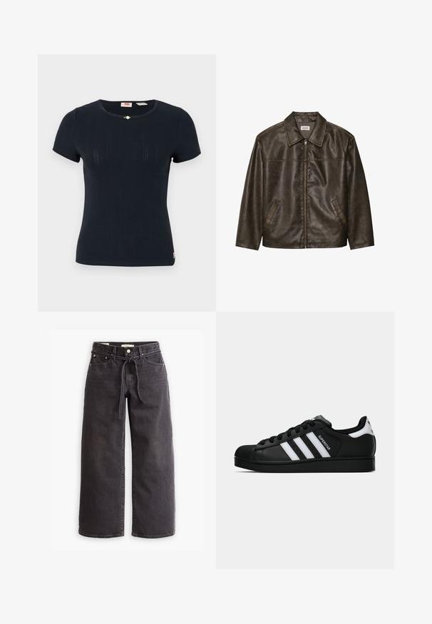 Ruda odinė striukė su apykakle, užtrauktuku ir dviem šoninėmis kišenėmis. Lygus paviršius su šiek tiek nusidėvėjusiu apdaila.; Tamsiai mėlynas prigludęs marškinėliai su trumpomis rankovėmis, apvaliu iškirpimu, raukšlėta tekstūra ir maža dekoratyvine detale šalia apykaklės.; Juodos plačios kojos džinsai, pagaminti iš džinsinio audinio, su virvute liemens vietoje, penkiais kišenėmis ir kontrastingais siūlų akcentais. Lygus priekis.; Juodos „Adidas Superstar“ sportbačiai su baltais dryžiais, šonine kriaukle ir „Superstar“ tekstu šone, rodomi šoniniame profilyje ant balto fono.