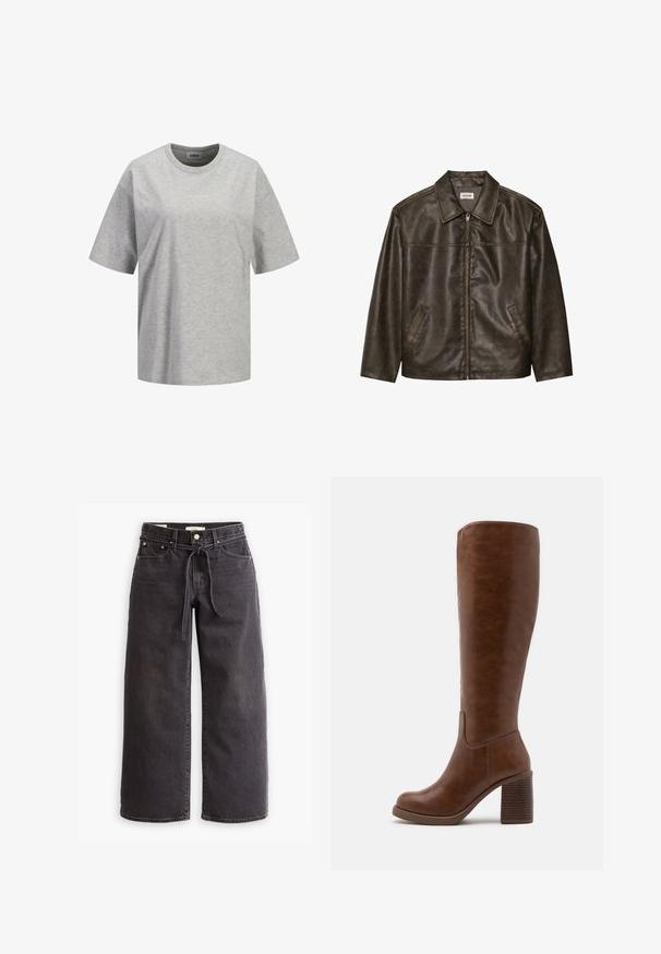 Brown leather jacket with a collar, zip closure, and two side pockets. Smooth texture with a slightly distressed finish.; Gray cotton t-shirt with short sleeves, crew neckline, and a small white logo text "JJXX STUDIO" on the front, smooth texture.; Black wide-leg jeans made of denim, featuring a drawstring waist, five pockets, and contrast stitching details. Flat-front design.; Brown knee-high boots made of smooth faux leather, featuring a rounded toe, block heel with vertical grooves, and a minimalist design.