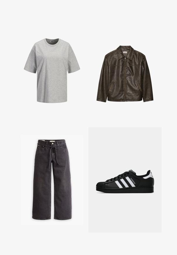 Brun lærjakke med krage, glidelås og to sidelommer. Slippende tekstur med en litt slitt finish.; Grå bomull T-skjorte med korte ermer, rund hals og en liten hvit logo med teksten "JJXX STUDIO" på forsiden, glatt tekstur.; Sorte vide benklær laget av denim, med strikk i livet, fem lommer og kontrasterende sømdetaljer. Flat front.; Svart Adidas Superstar sneakers med hvite striper, skalltå og "Superstar" tekst på siden, vist i sideprofil på hvit bakgrunn.