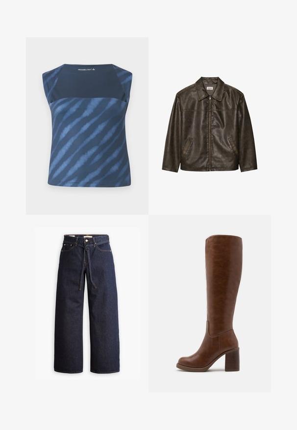 Hnedá kožená bunda s golierom, zipsom a dvoma bočnými vreckami. Hladká štruktúra s mierne opotrebovaným povrchom.; Námornícky modrý bezrukávový top s tie-dye vzorom v rôznych odtieňoch modrej, s hladkou textúrou a zaobleným výstrihom.; Široké tmavomodré denimové džínsy s vysokým pásom, so šnúrkou na sťahovanie, piatimi vreckami a kontrastným prešívaním.; Hnedé čižmy po kolená vyrobené z hladkej syntetickej kože, s okrúhlou špičkou, blokovým podpätkom s vertikálnymi drážkami a minimalistickým dizajnom.
