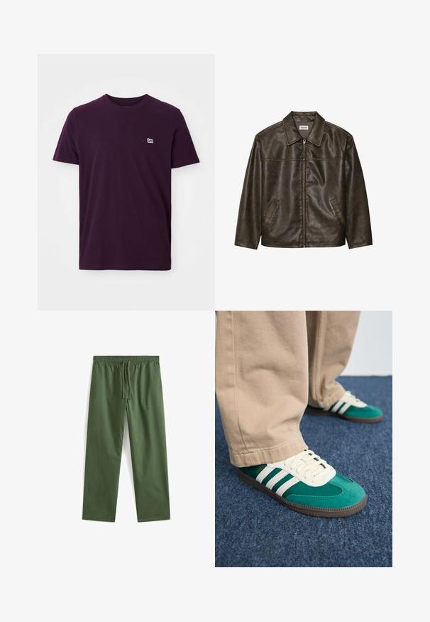 Braune Lederjacke mit Kragen, Reißverschluss und zwei Seitentaschen. Glatte Textur mit einem leicht abgenutzten Finish.; Dunkellila Baumwoll-T-Shirt mit kurzen Ärmeln, Rundhalsausschnitt und kleinem weißen Logo auf der linken Brust. Weiche, glatte Textur.; Grüne, leichte Hosen mit einem elastischen Bund und Kordelzug. Sie bieten eine lockere Passform und gerade Beine und bestehen aus glattem Stoff.; Grüne Wildledersneaker mit weißen Streifen, strukturierten Schnürsenkeln und brauner Gummisohle. Kombiniert mit beigen Hosen, vor einem blauen Teppichhintergrund.