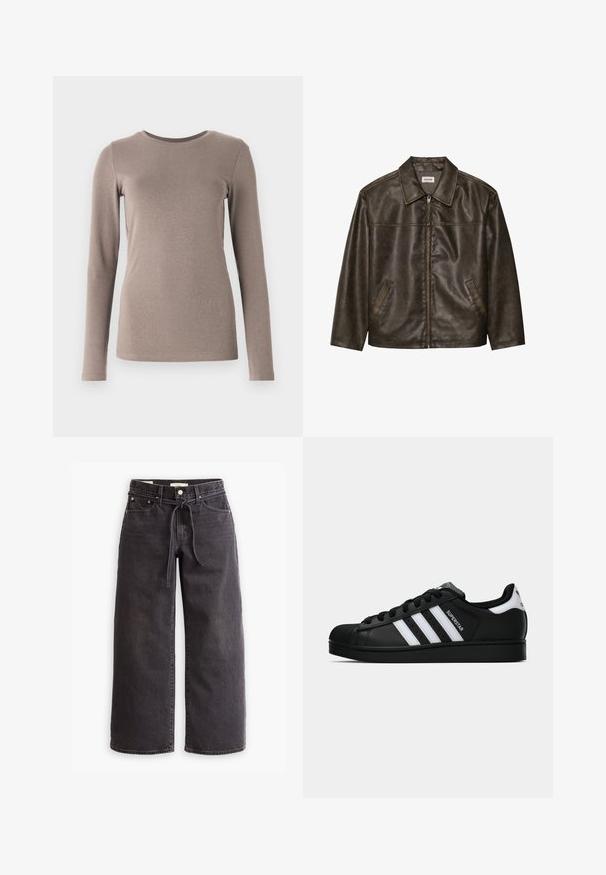 Brown leather jacket with a collar, zip closure, and two side pockets. Smooth texture with a slightly distressed finish.; GAP CREW - Long sleeved top - grey; Black wide-leg jeans made of denim, featuring a drawstring waist, five pockets, and contrast stitching details. Flat-front design.; Black Adidas Superstar sneaker with white stripes, shell toe, and "Superstar" text on side, shown in side profile on white background.