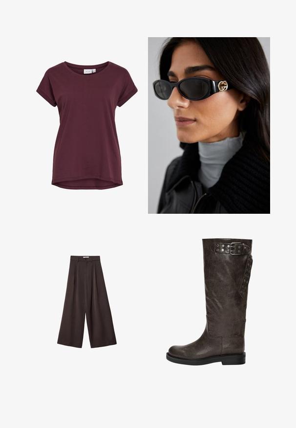 Giacca in pelle marrone con colletto, chiusura a zip e due tasche laterali. Texture liscia con una finitura leggermente invecchiata.; T-shirt bordeaux a maniche corte con scollatura rotonda, leggermente più lungo sul retro e con risvolti, realizzato in tessuto morbido.; Pantaloni neri a gamba larga con vita alta, caratterizzati da pieghe frontali e chiusura con bottone in vita, realizzati in tessuto liscio.; Stivale in pelle marrone fino al ginocchio con una finitura texturizzata, dotato di una fibbia e di dettagli a scatto laterali, e una suola di gomma piatta.; Occhiali da sole neri con una montatura rettangolare elegante e un accento del logo dorato sul lato. Le lenti scure e la finitura lucida sono evidenti.; Borsa hobo di un morbido marrone con una sola tracolla larga e un'apertura a manico curvo, esposta su uno sfondo bianco.