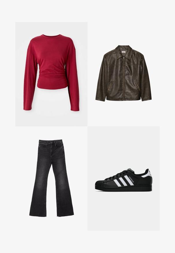 Braune Lederjacke mit Kragen, Reißverschluss und zwei Seitentaschen. Glatte Textur mit einem leicht abgenutzten Finish.; Bordeauxfarbene Langarmbluse mit Rundhalsausschnitt, an der Taille tailliert, aus glattem Stoff mit sanftem Fall an den Seiten.; Schwarze, ausgestellte Denim-Jeans mit rohem Saum, ausgestattet mit einem Fünf-Taschen-Design und einem Knopfverschluss. Hergestellt aus einem robusten, strukturierten Stoff.; Schwarzer Adidas Superstar Sneaker mit weißen Streifen, Schalenzehen und "Superstar"-Schriftzug an der Seite, im Seitenprofil auf weißem Hintergrund dargestellt.